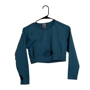 ILUS Athleisure‎ Seamless Long Sleeve Open Back Keyhole Top Teal Blue Size XL